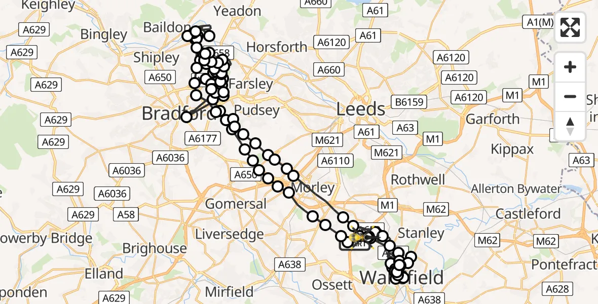 Flight path map showing Police Helicopter route from East Ardsley to Wrenthorpe