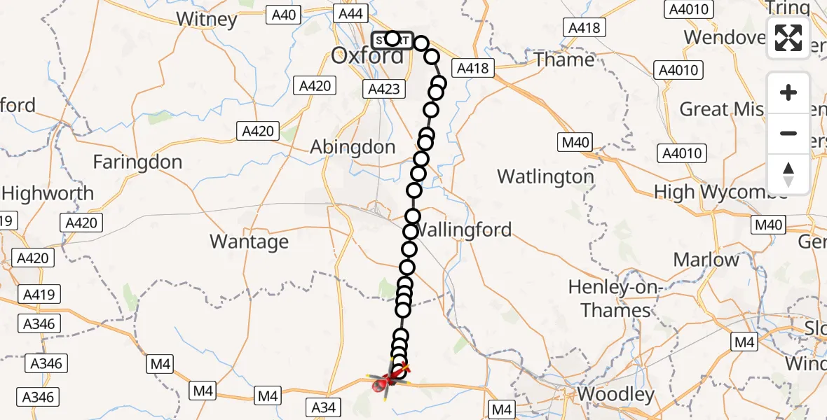 Flight path map showing Air Ambulance Helicopter route from John Radcliffe Hospital to Frilsham
