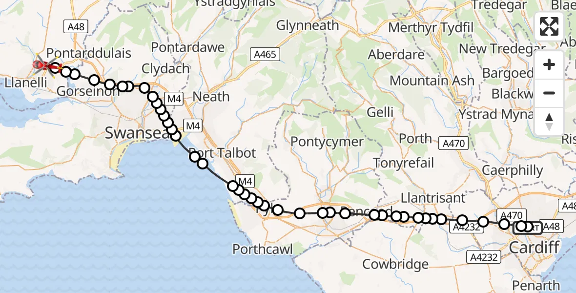Flight path map showing Air Ambulance Helicopter route from Birchgrove to Dafen
