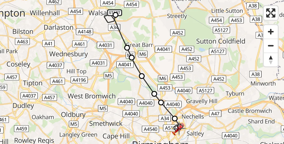 Flight path map showing Air Ambulance Helicopter route from Walsall to Nechells