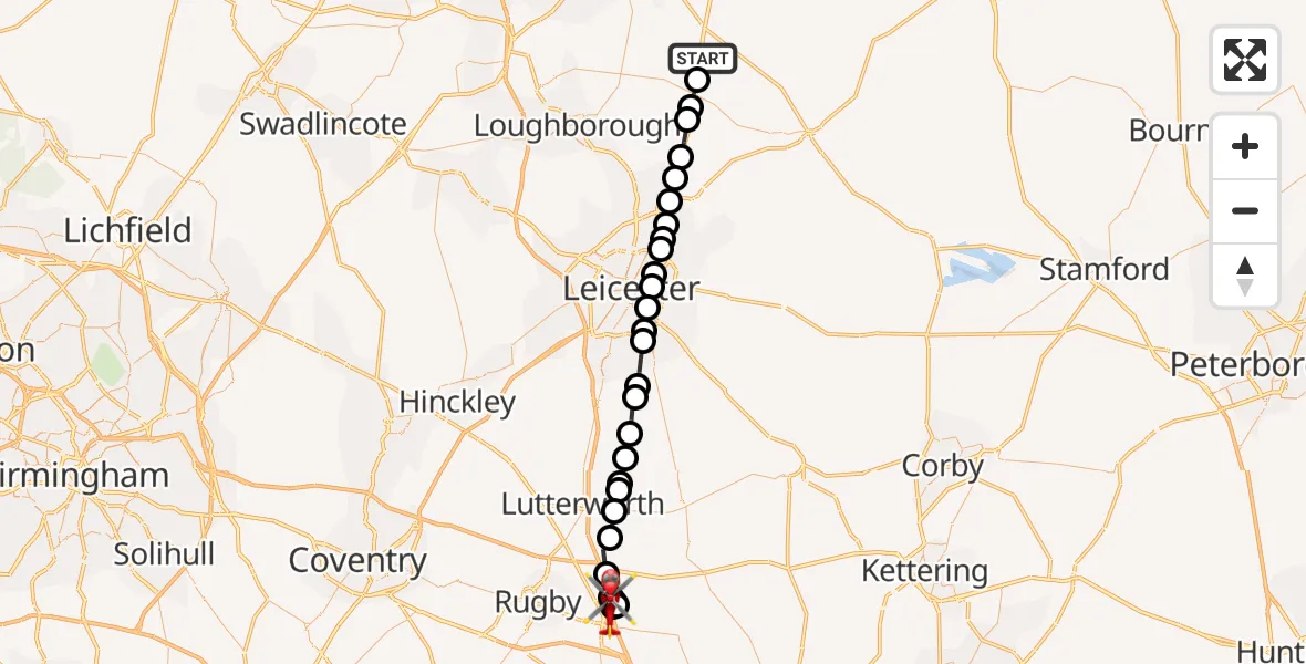 Flight path map showing Air Ambulance Helicopter route from Rushcliffe to Crick