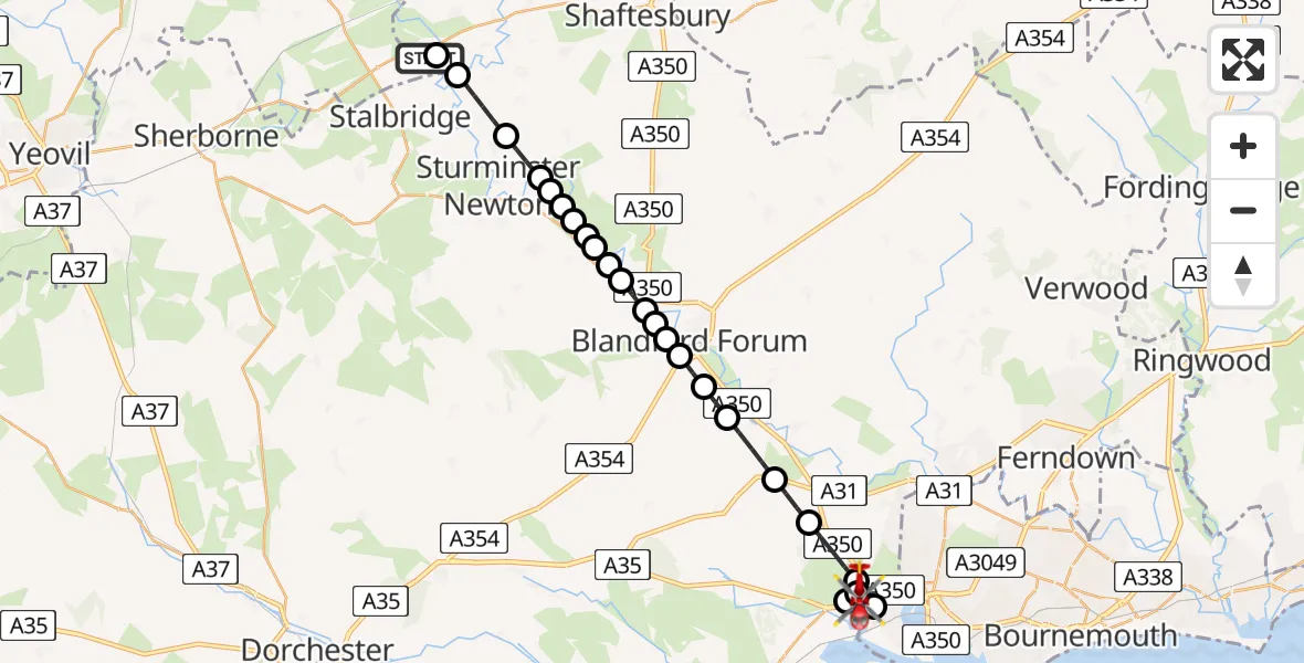 Flight path map showing Air Ambulance Helicopter route from Henstridge Airfield to Upton