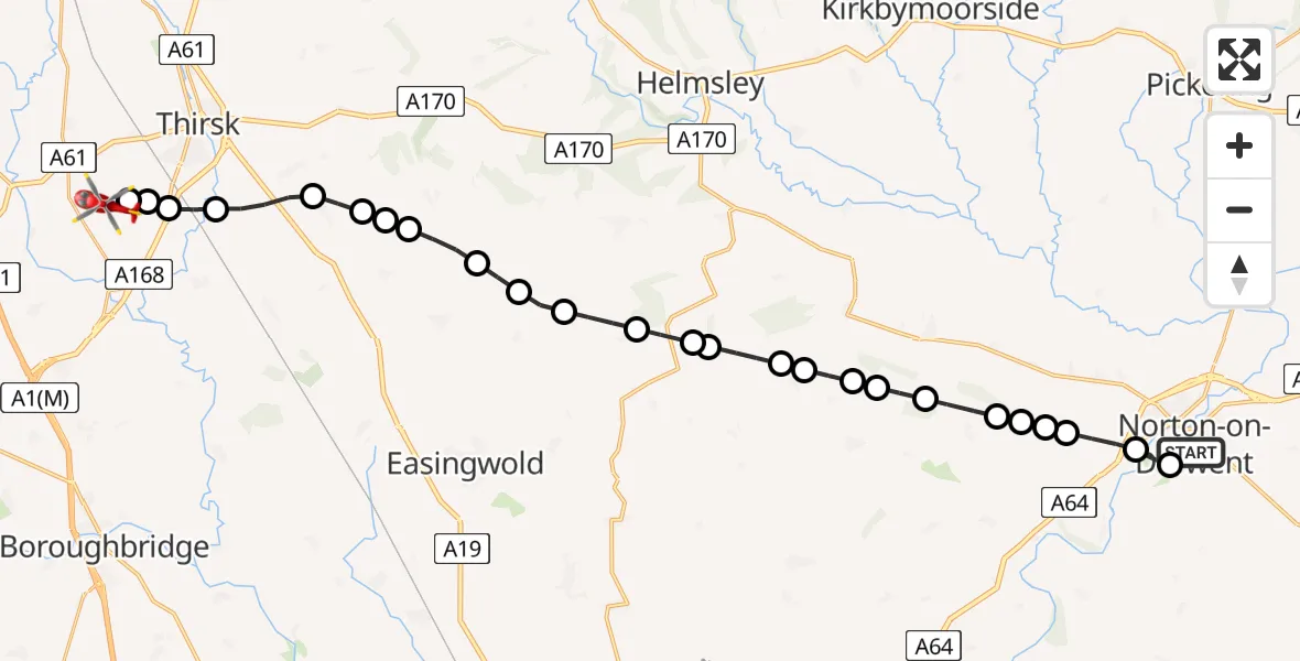 Flight path map showing Air Ambulance Helicopter route from Norton-on-Derwent to RAF Topcliffe