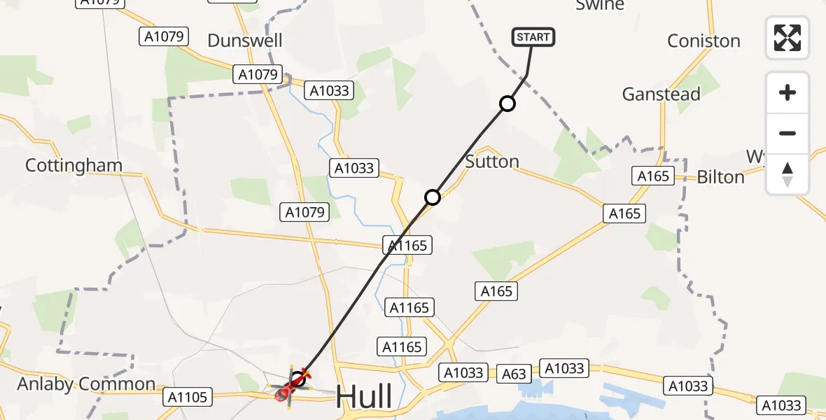 Flight path map showing Air Ambulance Helicopter route from Wawne to Hull Royal Infirmary