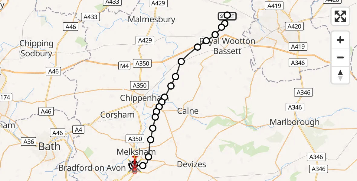 Flight path map showing Air Ambulance Helicopter route from Swindon to Wiltshire Air Ambulance