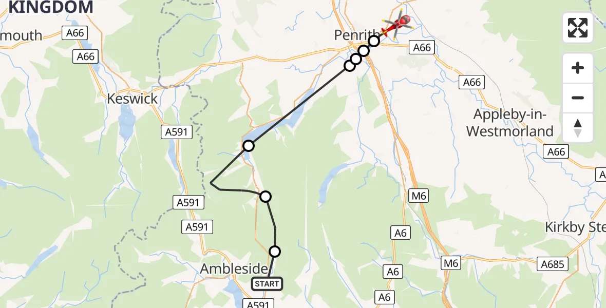 Flight path map showing Air Ambulance Helicopter route from Troutbeck to Edenhall