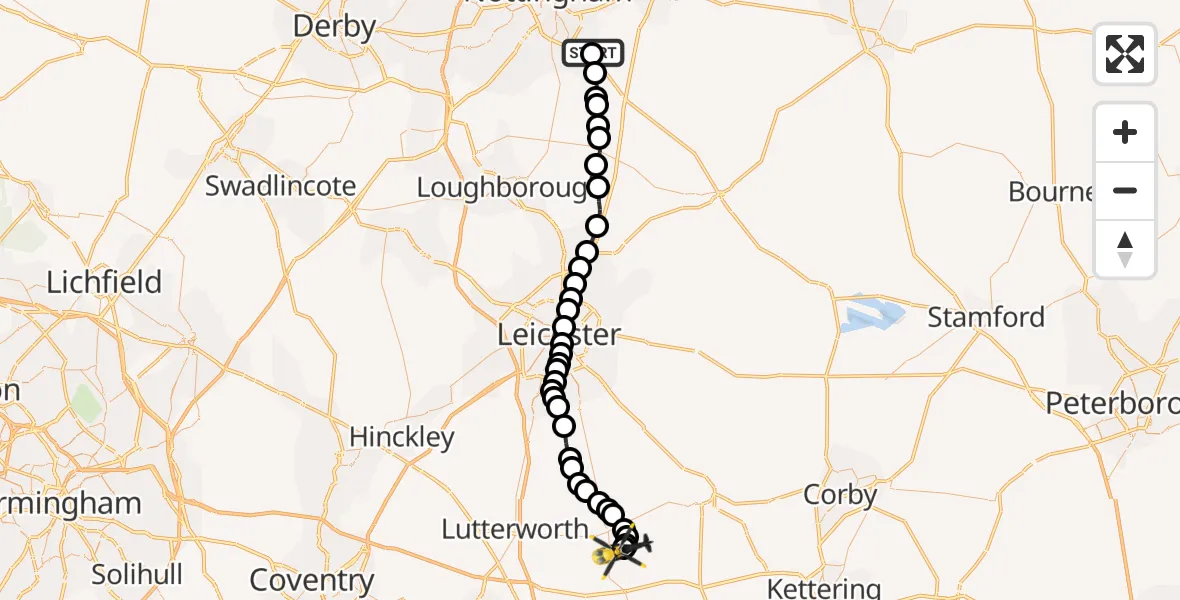 Flight path map showing Police Helicopter route from Normanton on the Wolds to Harborough