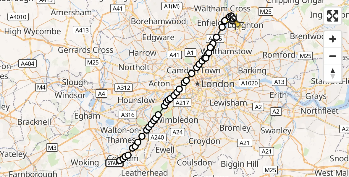 Flight path map showing Police Helicopter route from Elmbridge to Sewardstonebury