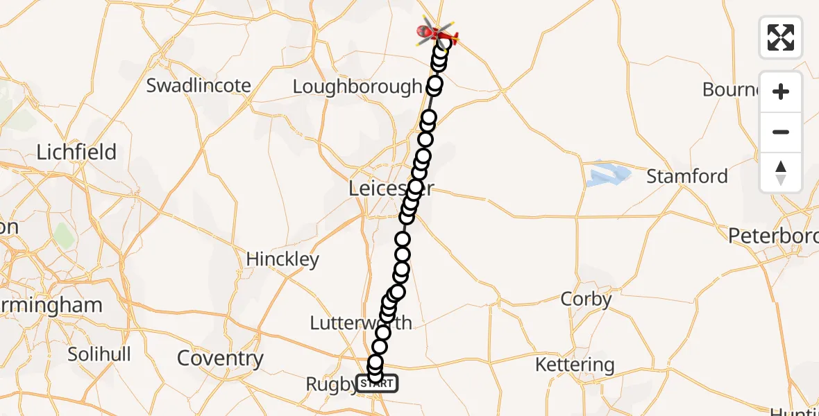 Flight path map showing Air Ambulance Helicopter route from Crick to Nottingham Heliport