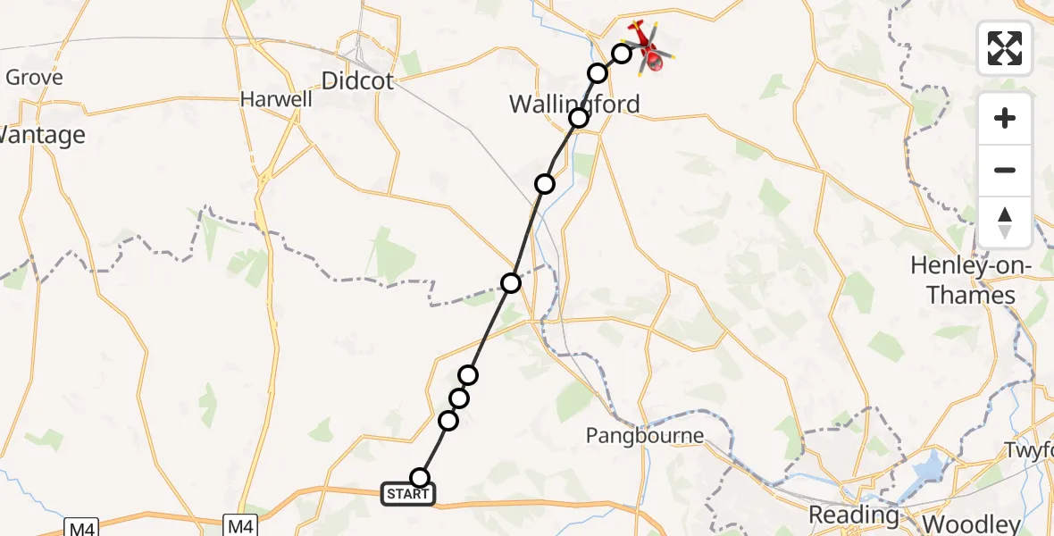 Flight path map showing Air Ambulance Helicopter route from Frilsham to RAF Benson