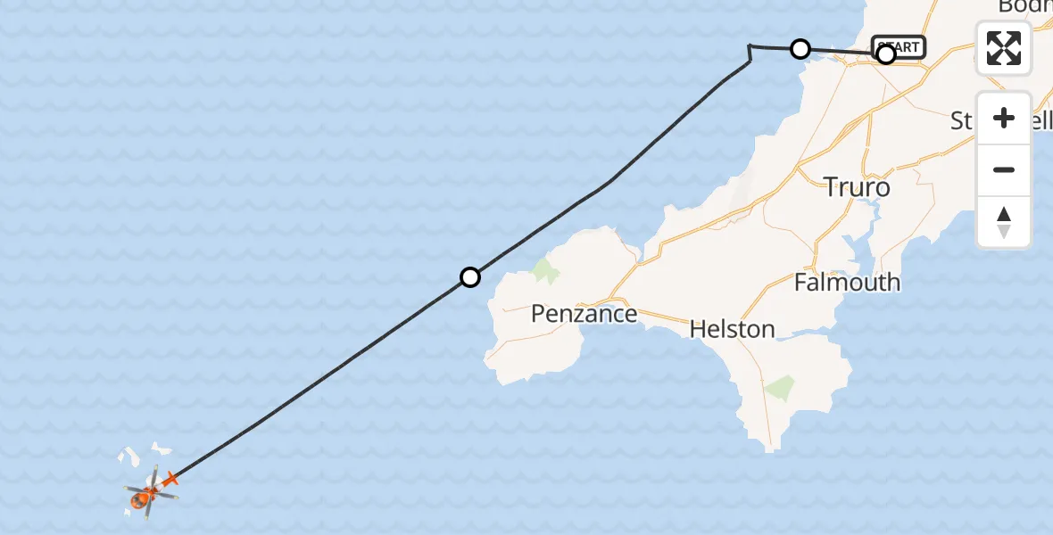 Flight path map showing Coastguard Helicopter route from St. Columb Major to North Atlantic Ocean