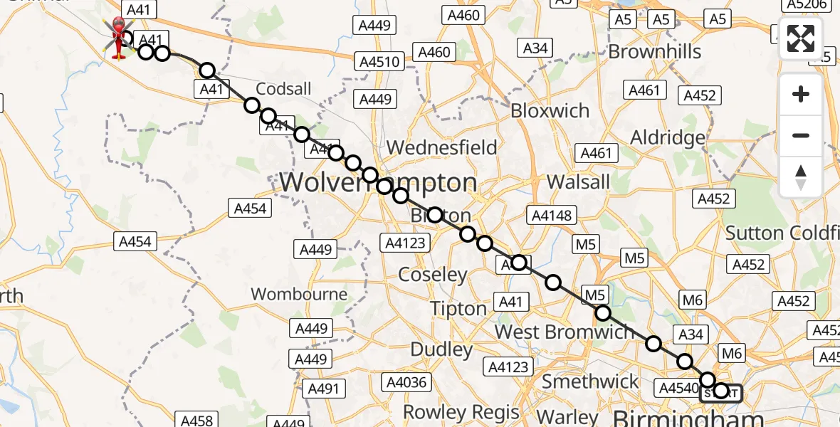 Flight path map showing Air Ambulance Helicopter route from Nechells to Cosford