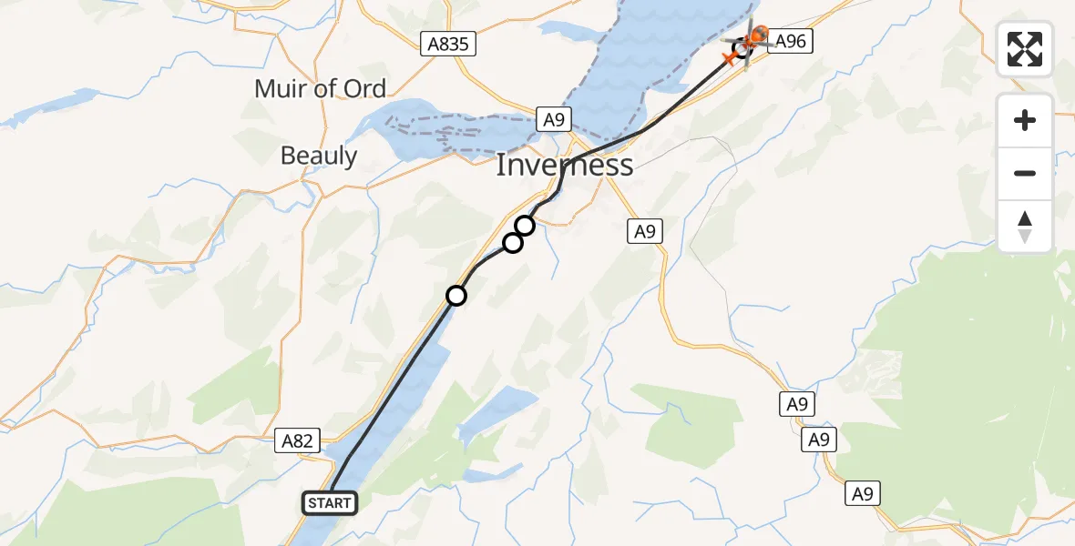 Flight path map showing Coastguard Helicopter route from Loch Ness to Inverness Airport