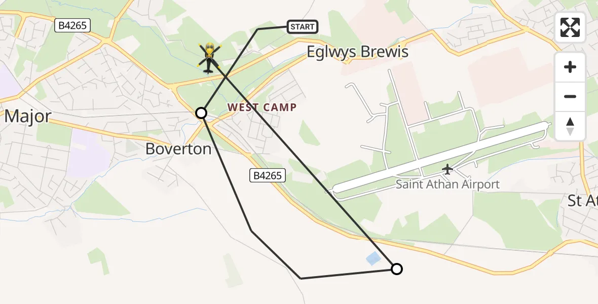 Flight path map showing Police Helicopter route from Eglwys Brewis to Boverton