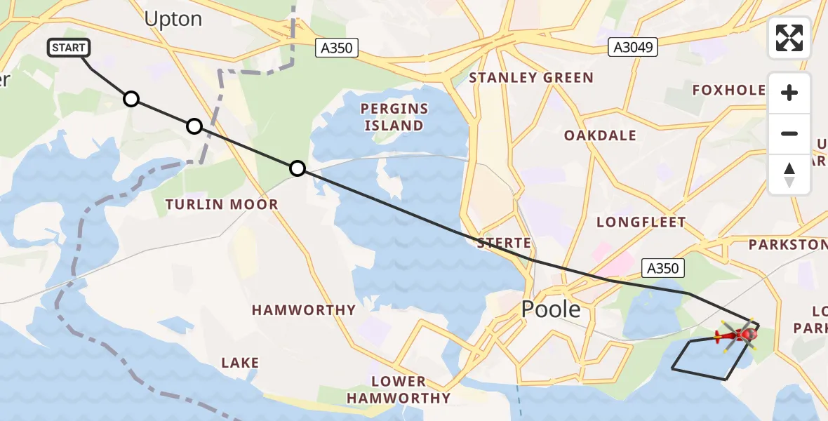 Flight path map showing Air Ambulance Helicopter route from Upton to Poole
