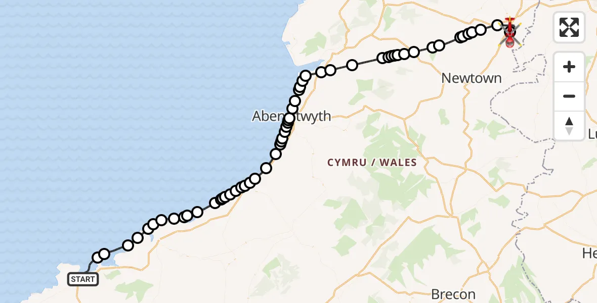 Flight path map showing Air Ambulance Helicopter route from Fishguard to Welshpool Airport