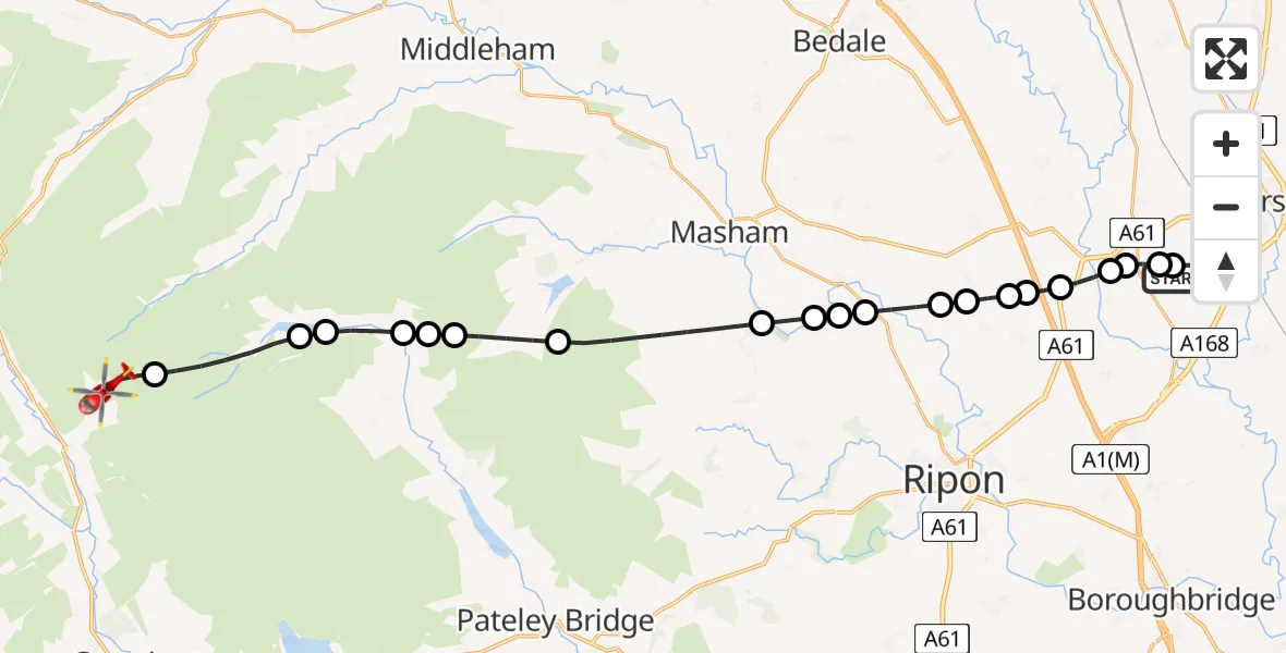 Flight path map showing Air Ambulance Helicopter route from RAF Topcliffe to Kettlewell