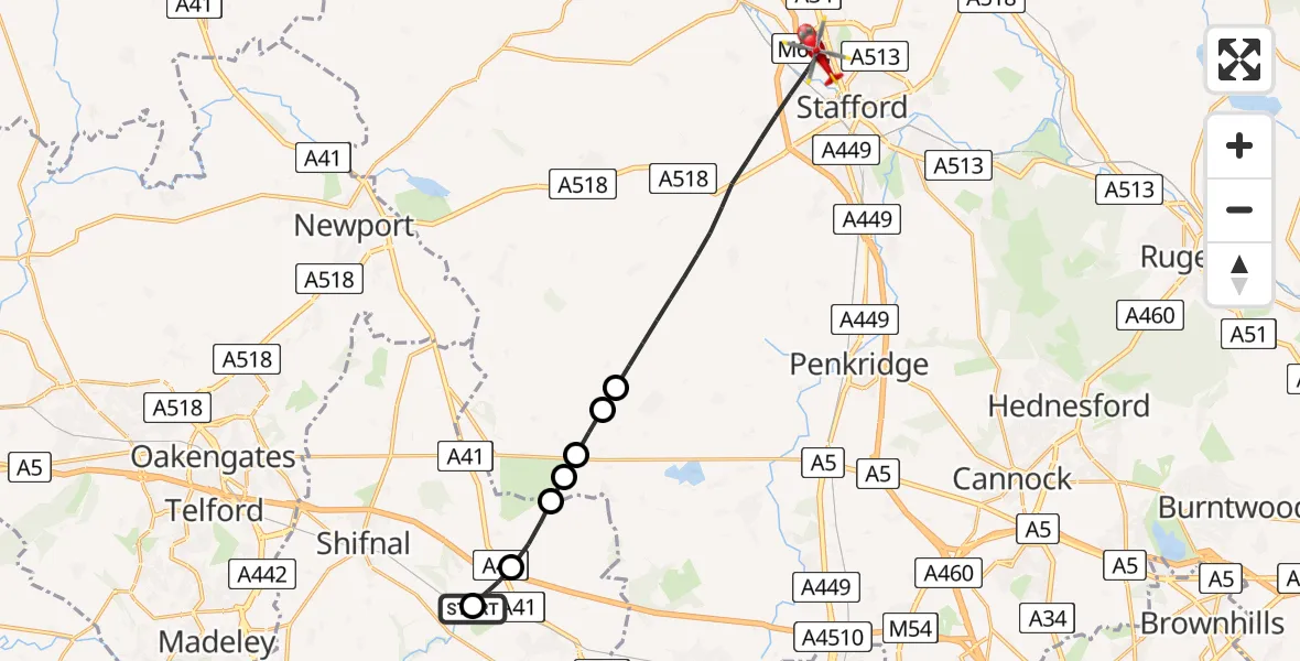 Flight path map showing Air Ambulance Helicopter route from RAF Cosford to Stafford