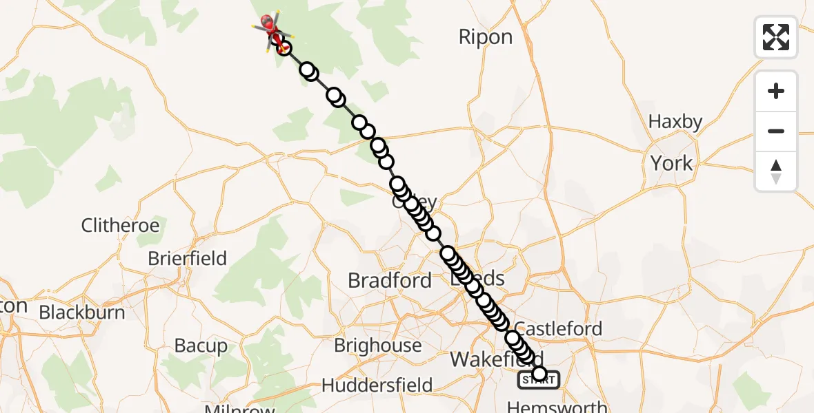 Flight path map showing Air Ambulance Helicopter route from YAA Nostell Helicopter Port to Kettlewell