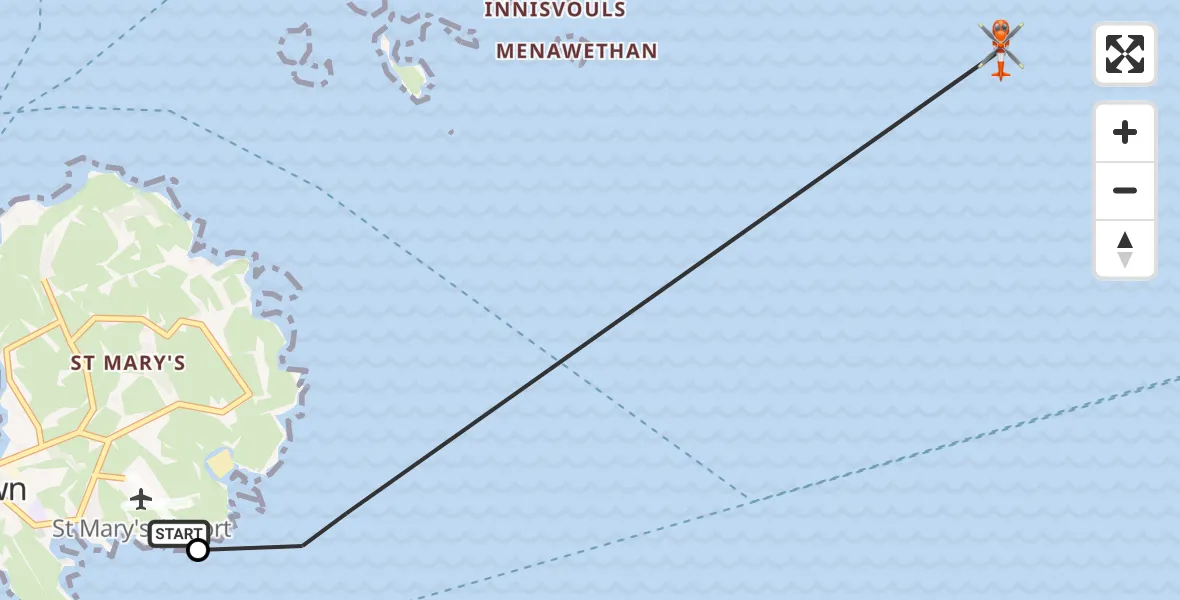 Flight path map showing Coastguard Helicopter route from St. Mary's Airport to North Atlantic Ocean