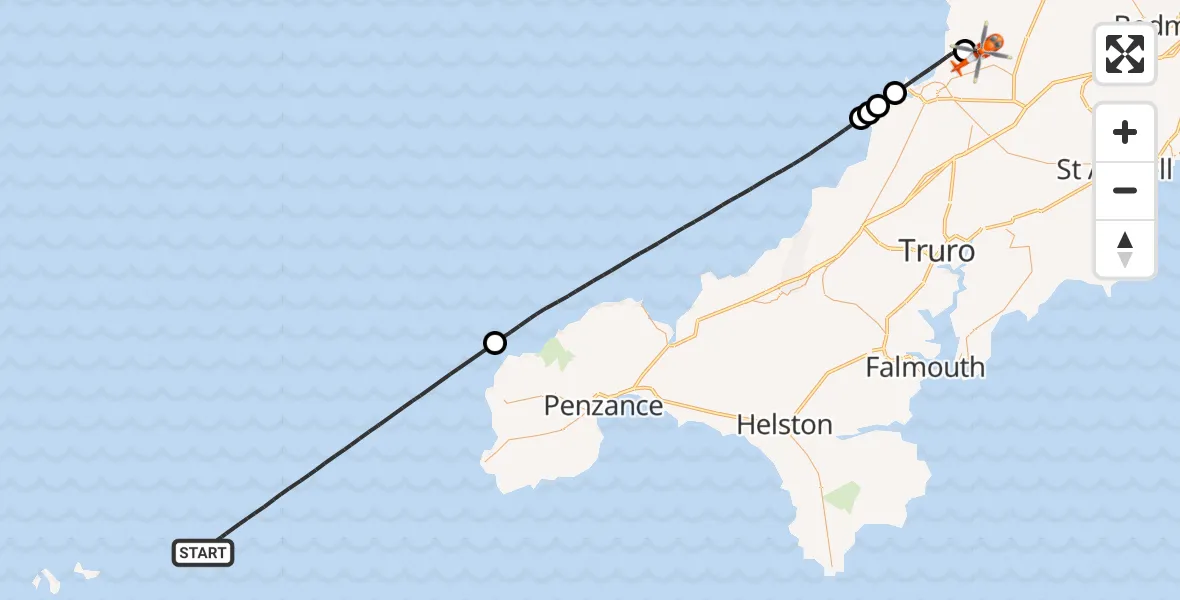 Flight path map showing Coastguard Helicopter route from North Atlantic Ocean to Cornwall Airport Newquay