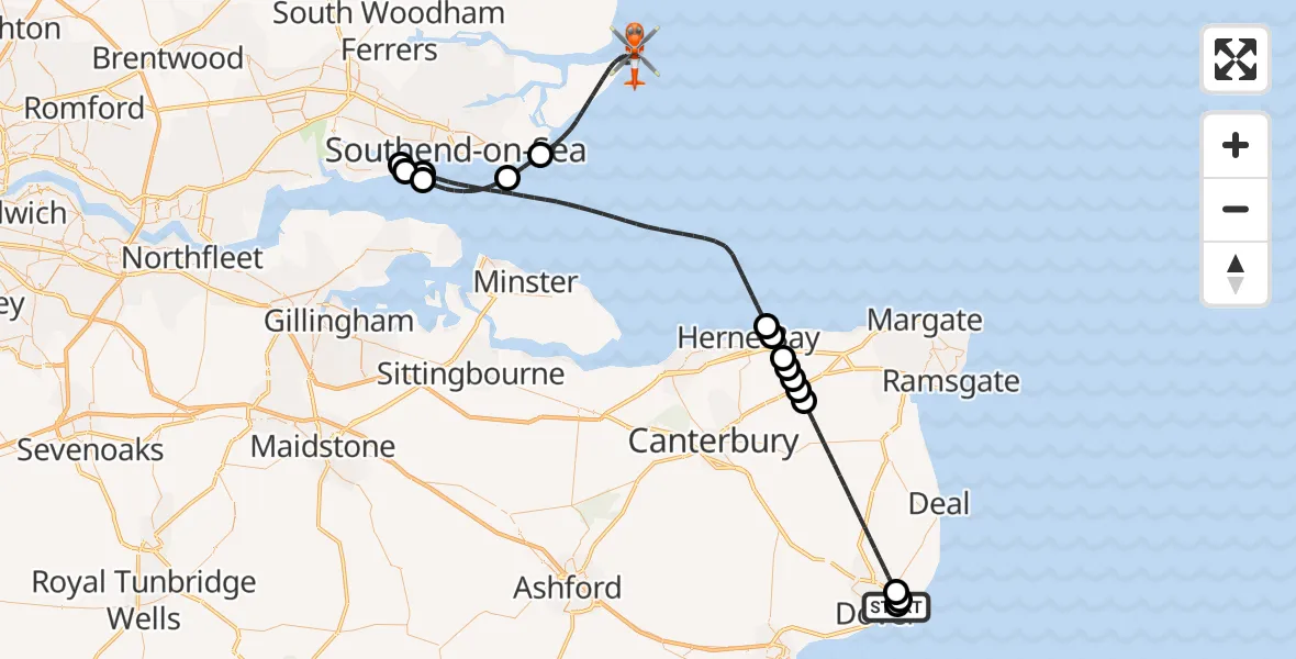 Flight path map showing Coastguard Helicopter route from Langdon Battery Heliport to Rochford