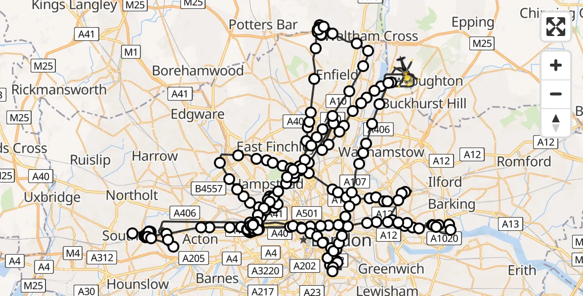 Flight route Police Helicopter Chingford - Sewardstonebury, 02 May 2026, 18:22