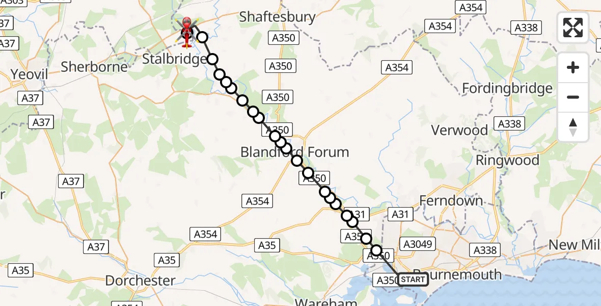 Flight path map showing Air Ambulance Helicopter route from Poole to Henstridge Airfield