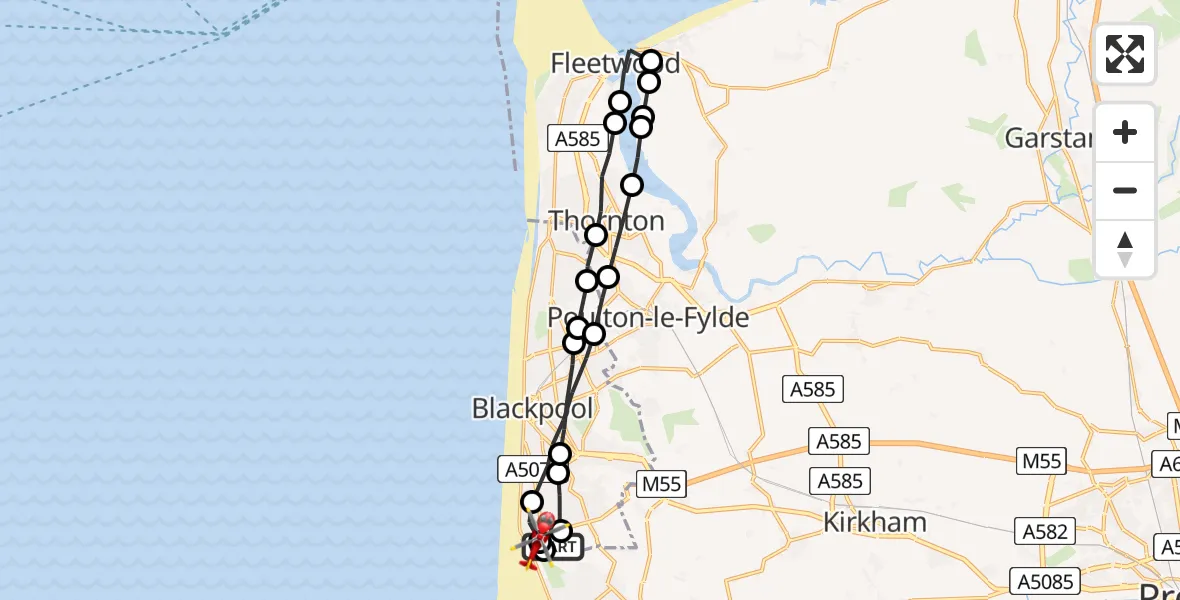 Flight path map showing Air Ambulance Helicopter route from Blackpool Airport to Fylde