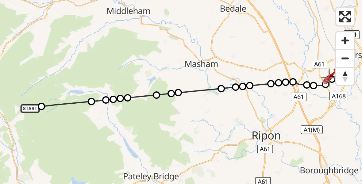 Flight path map showing Air Ambulance Helicopter route from Kettlewell with Starbotton to RAF Topcliffe