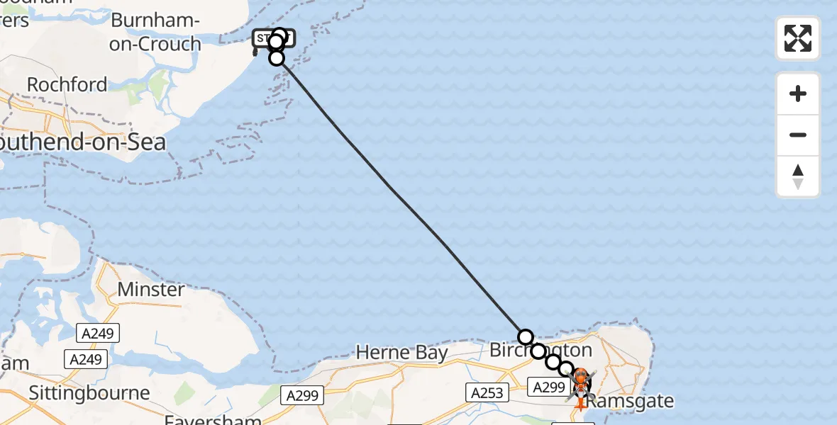 Flight path map showing Coastguard Helicopter route from Rochford to Manston Airport