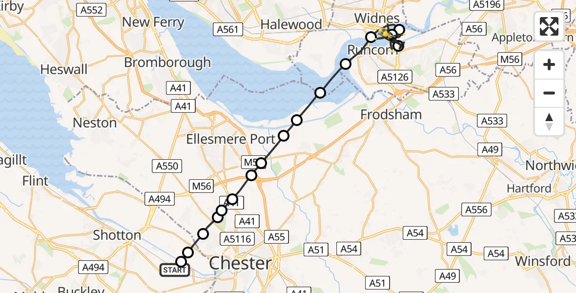 Flight path map showing Police Helicopter route from Hawarden Airport to Runcorn