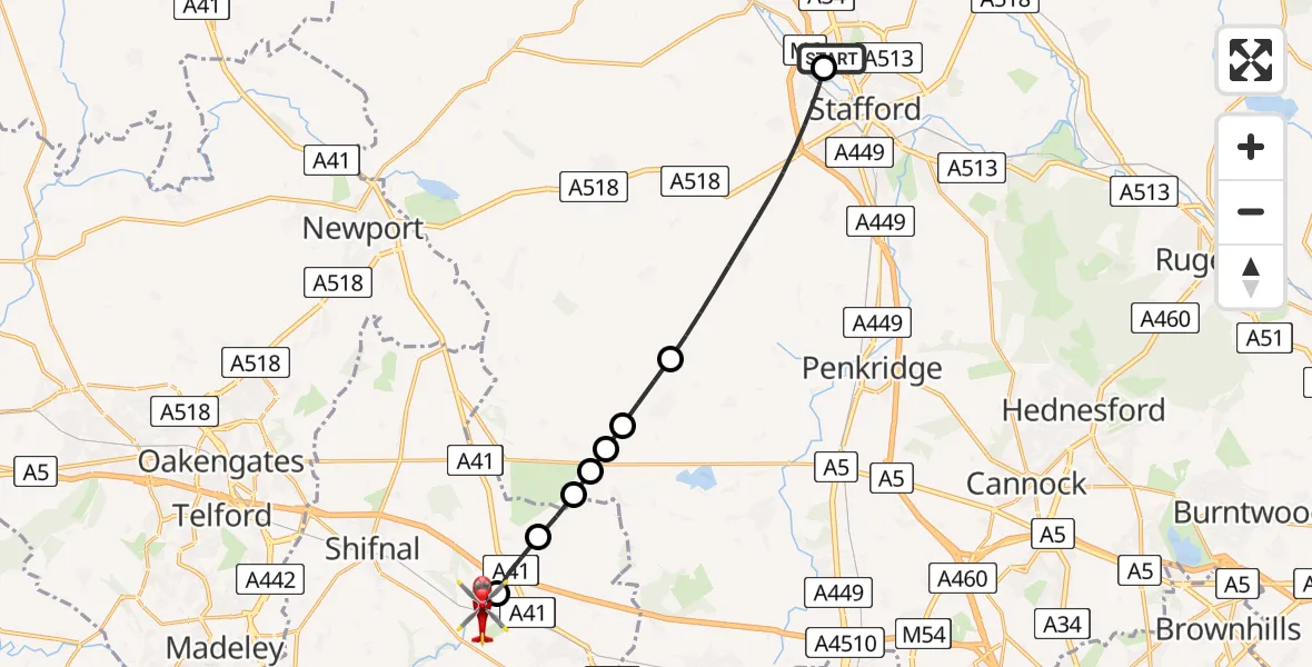 Flight path map showing Air Ambulance Helicopter route from Stafford to Cosford