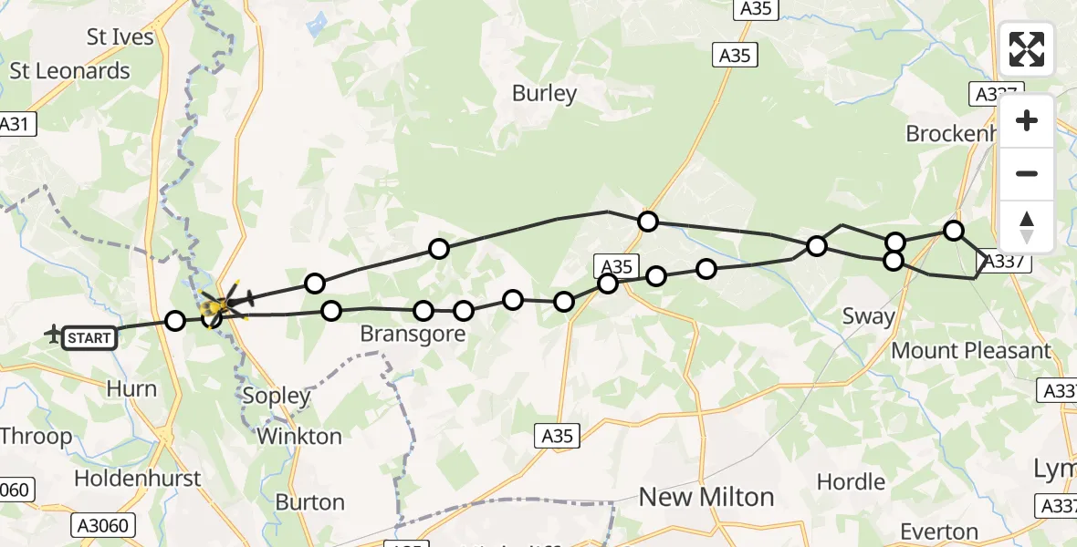 Flight path map showing Police Helicopter route from Bournemouth Airport to New Forest