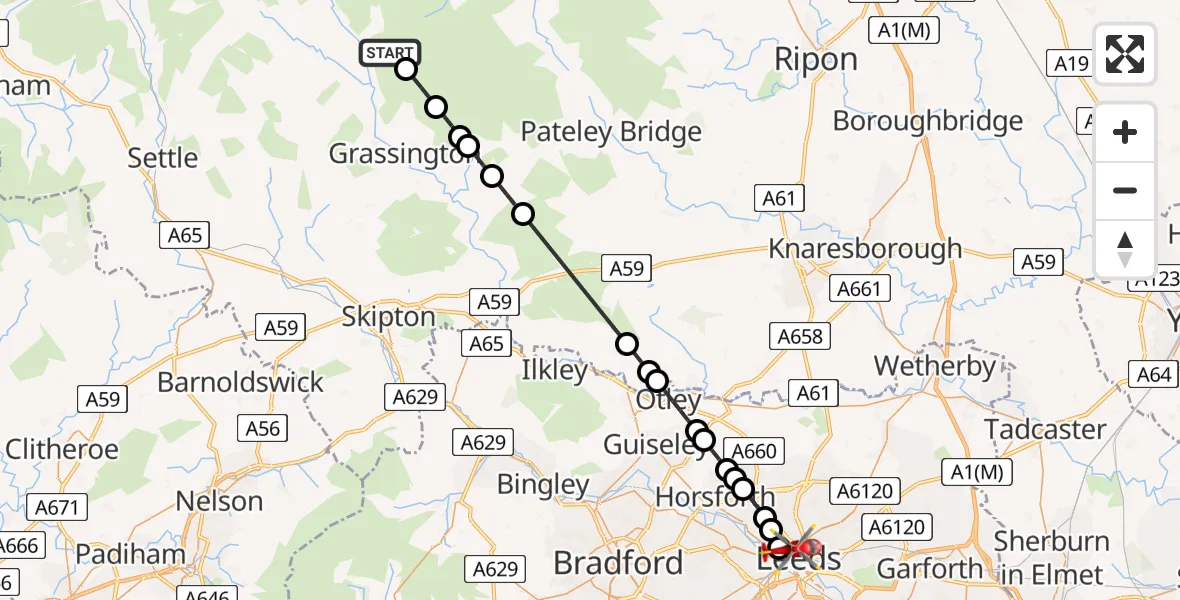 Flight path map showing Air Ambulance Helicopter route from Kettlewell with Starbotton to Hyde Park
