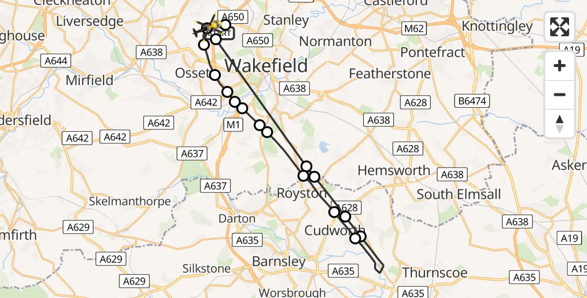 Flight path map showing Police Helicopter route from Ossett to Gawthorpe