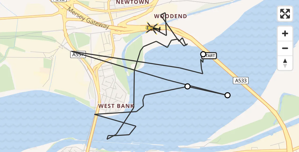 Flight path map showing Police Helicopter route from Runcorn to Widnes