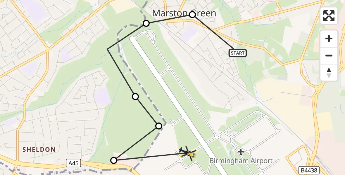 Flight path map showing Police Helicopter route from Solihull to Birmingham Airport