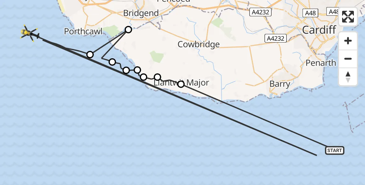 Flight path map showing Police Helicopter route from Bristol Channel to Bristol Channel