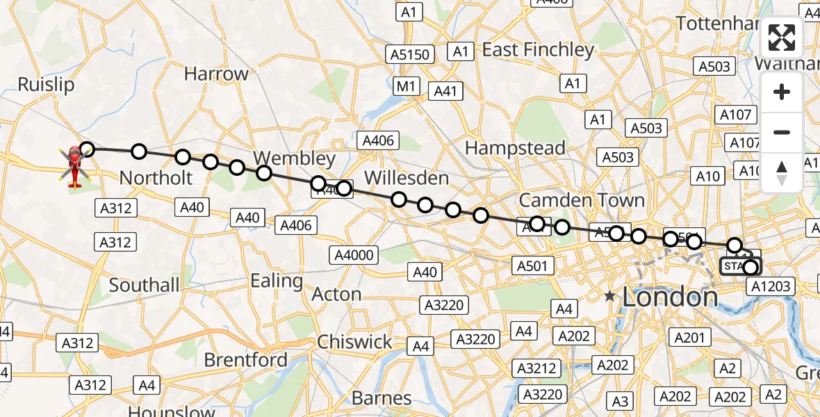 Flight path map showing Air Ambulance Helicopter route from Royal London Hospital to RAF Northolt