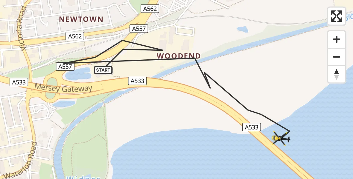 Flight path map showing Police Helicopter route from Widnes to Widnes