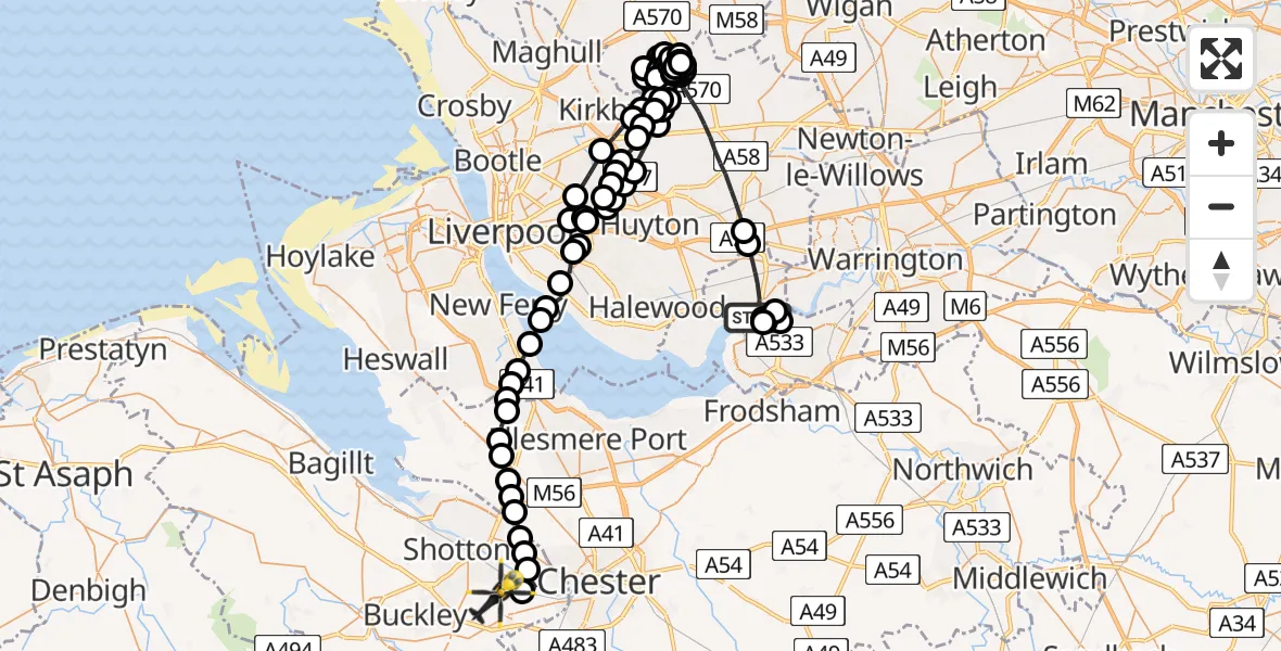 Flight path map showing Police Helicopter route from Widnes to Broughton