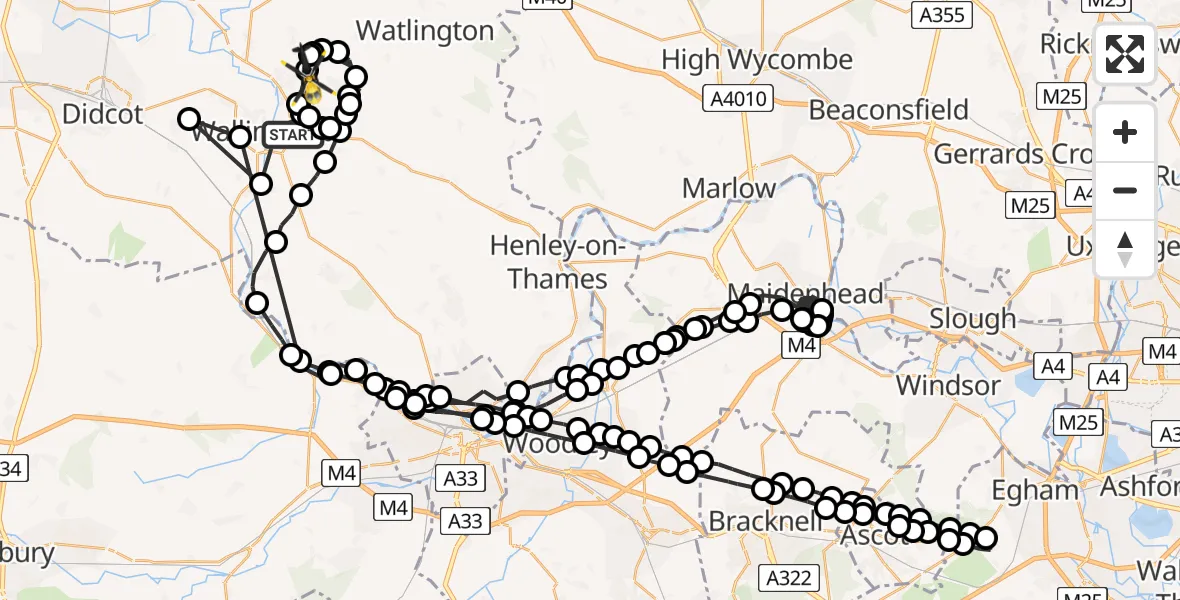 Flight path map showing Police Helicopter route from Crowmarsh Gifford to Benson