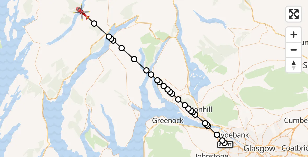 Flight path map showing Air Ambulance Helicopter route from Glasgow Airport to Dalavich