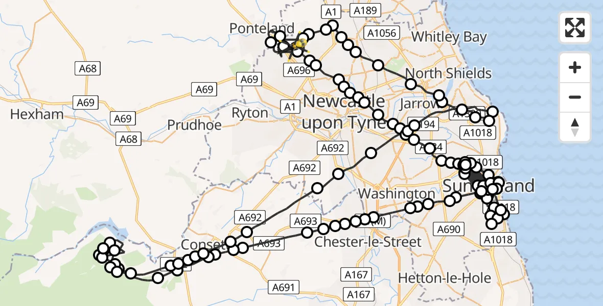 Flight path map showing Police Helicopter route from Newcastle International Airport to Woolsington
