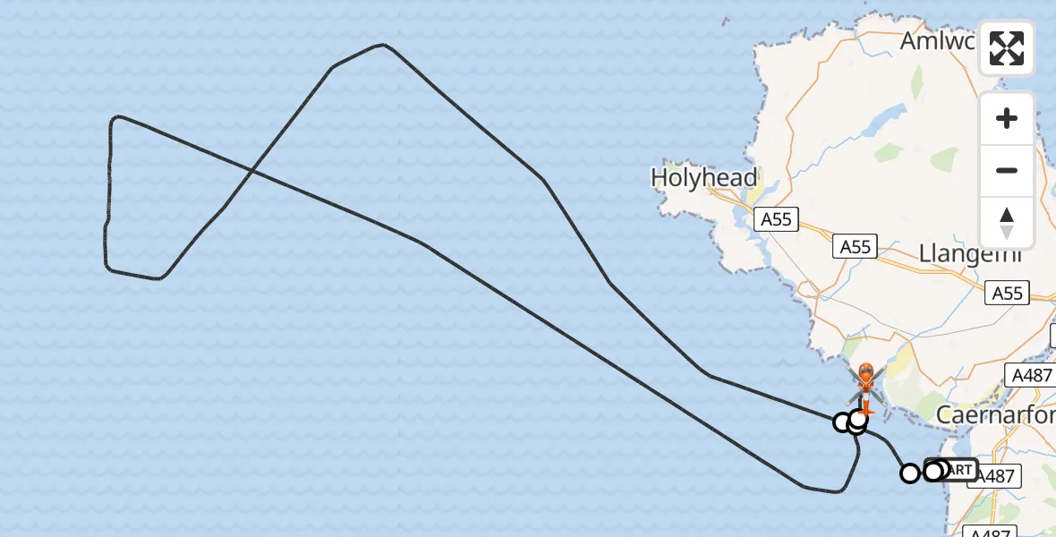 Flight path map showing Coastguard Helicopter route from Caernarfon Airport to Bodorgan
