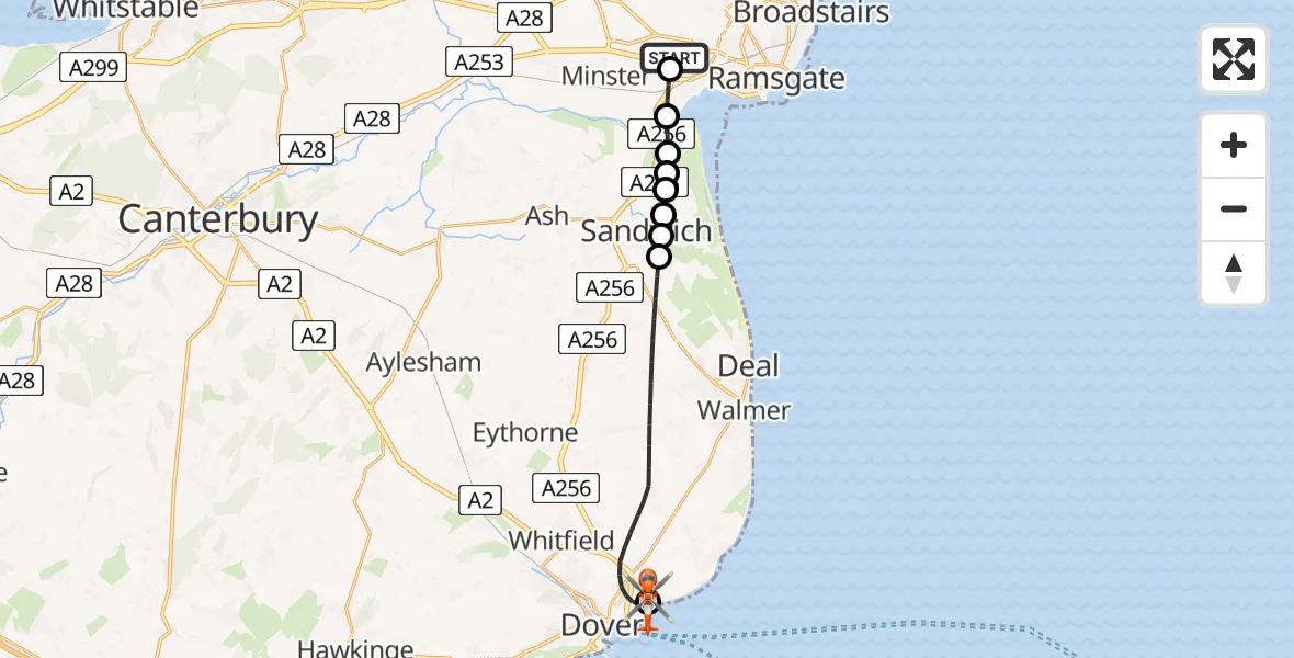 Flight path map showing Coastguard Helicopter route from Manston Airport to Langdon Battery Heliport