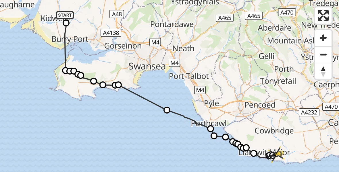 Flight path map showing Police Helicopter route from Trimsaran to MOD St Athan