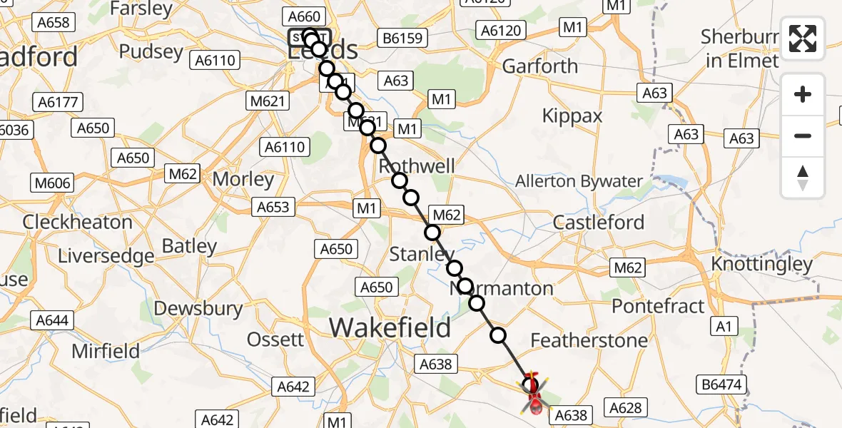Flight path map showing Air Ambulance Helicopter route from Woodhouse to YAA Nostell Helicopter Port