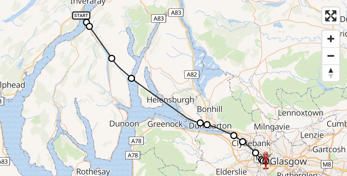 Flight path map showing Air Ambulance Helicopter route from Inveraray to Queen Elizabeth Hospital
